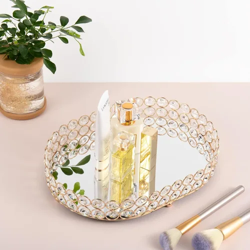 Vista 5 de Feyarl Bandeja de perfume de cristal, organizador de maquillaje, joyería ornamentada, baratija, herramientas cosméticas, almacenamiento decorativo