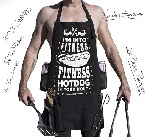 Vista 3 de FITNESS HOTDOG - Dirty Funny Trashy Sexy Nasty BBQ Delantal - 100% Lona - 5 Bolsillos - 4 bucles para herramientas - 2 soportes para cerveza
