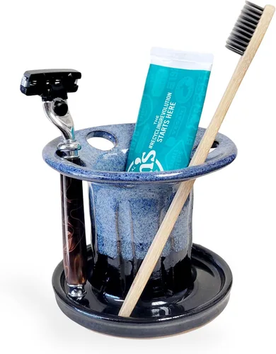 Vista 7 de Soporte para cepillos de dientes de cerámica fácil de limpiar para baños de niños y familias grandes, organizador de encimera estilo rústico (negro)
