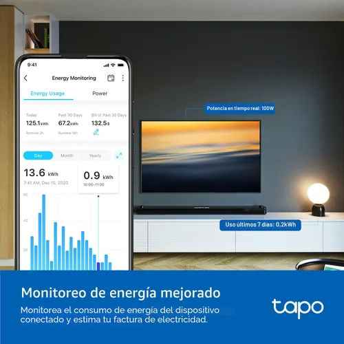 Vista 4 de TP-Link Tapo Smart Plug P210M, enchufe de pared empotrado Wi-Fi, compatible con Matter, monitoreo de energía, 15A/1800W Max, funciona con Alexa