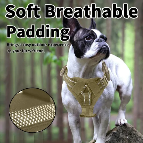 Vista 3 de Arnés táctico para perro pequeño, color caqui, ajustable, suave, acolchado para trabajar, chaleco de entrenamiento para perro, arnés sin tirones
