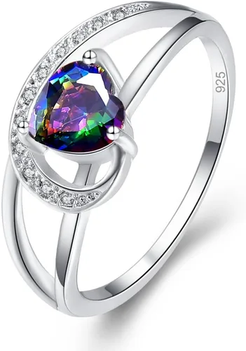 Vista 3 de Anillo de promesa de boda con topacio azul y blanco, chapado en plata de ley 925, con doble corazón