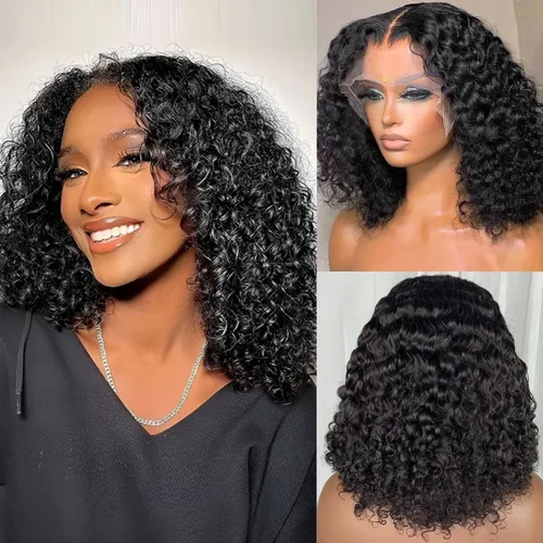 Vista 3 de Peluca BOB rizada de cabello humano 220 de densidad 13x4 de encaje frontal HD onda profunda para mujeres negras, sin pegamento, lista para usar