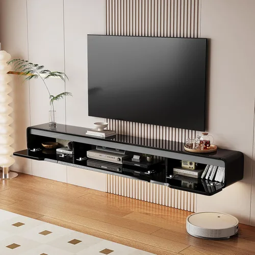 Vista 3 de FurniNova Soporte de TV flotante de alto brillo con 3 puertas, mueble de TV de 47'' montado en pared, consola bajo TV, estante de medios flotante
