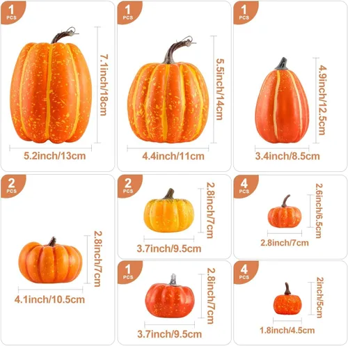 Vista 2 de Ywlake 16 piezas de calabazas de otoño, decorativas grandes y pequeñas para exteriores, de espuma naranja, de plástico, falsas, calabazas