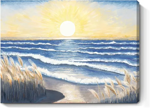 Vista 17 de Arte de pared para decoración de baño, imagen de playa azul, tema oceánico, impresión en lienzo de flores, pintura moderna de paisaje marino