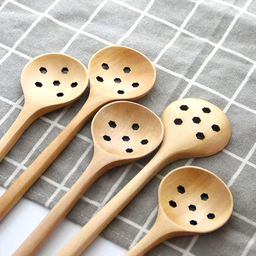 Vista 8 de 1 cuchara de madera de olivo, 11 pulgadas, estilo coreano, mango largo, cucharas redondas ranuradas de madera para mermelada de oliva