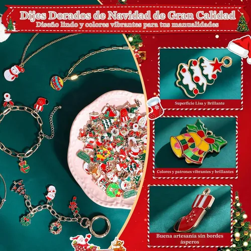 Vista 3 de Modacraft - 120 piezas de dijes navideños para la fabricación de joyas, múltiples estilos de dijes esmaltados en oro con Santa, copo de nieve, árbol