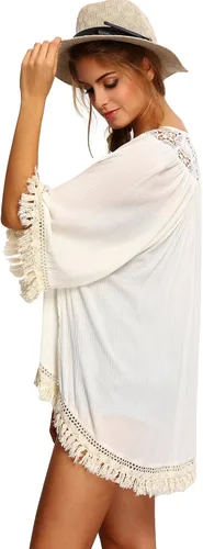 Vista 3 de SweatyRocks - Kimono con flecos y borla para mujer, ropa de playa