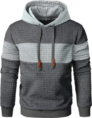 Vista 2 de Qichic Sudaderas de manga larga para hombre, con diseño de patchwork a cuadros, jacquard, casual, con cordón