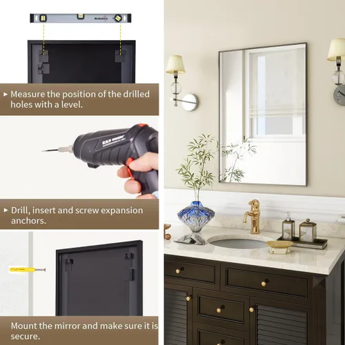 Vista 5 de BEAUTYPEAK - Espejo de pared de baño de 24 x 36 pulgadas con marco de metal, color negro Espejo rectangular con colgante horizontal o vertical
