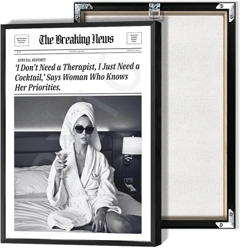 Vista 17 de Lienzo de periódico vintage para pared, diseño de mujer que busca dónde los hombres obtienen la audacia, pósteres retro en blanco y negro del New