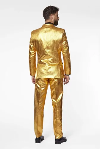 Vista 2 de Opposuits Traje de fiesta dorado para hombre, disfraz metálico de Año Nuevo y Navidad, incluye chaqueta, pantalones y corbata a juego