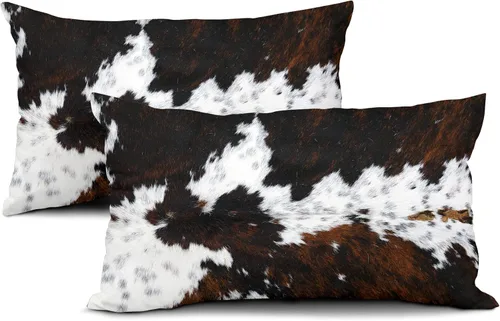 Vista 2 de Juego de 2 fundas de almohada lumbares de piel de vaca occidental de 12 x 20 pulgadas, fundas de almohada rectangulares decorativas de piel