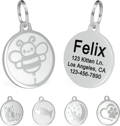 Vista 15 de Ultra Joys Etiquetas de nombre de gato grabadas personalizadas – Etiqueta de identificación de mascotas de acero inoxidable – Etiquetas