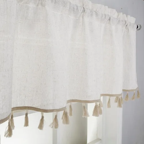 Vista 2 de Easy Home Cenefas bohemias con borlas para ventanas pequeñas, de lino sintético, con textura, cortinas modernas de granja, decoración bohemia