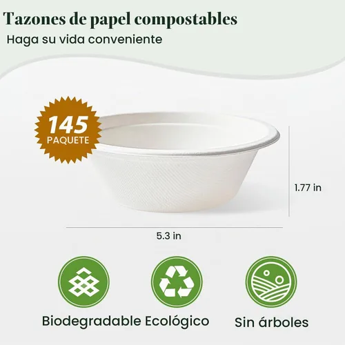 Vista 2 de ECOLipak Paquete de 145 cuencos de papel compostables desechables de 12 12OZ-blanco