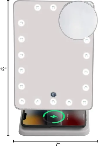 Vista 2 de Wireless Express Glam Studio Espejo de tocador con altavoz Bluetooth y soporte para teléfono, blanco, iluminación LED, llamadas manos libres, carga