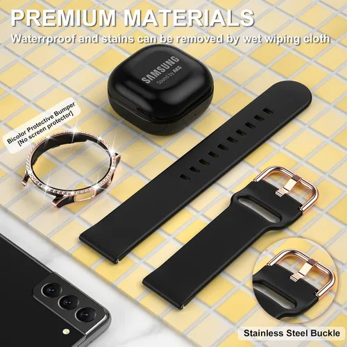 Vista 4 de DABAOZA Compatible con Samsung Galaxy Watch 4 5 Banda de 1.575 y 1.732 pulgadas con funda de parachoques con purpurina, correa ajustable suave y oro