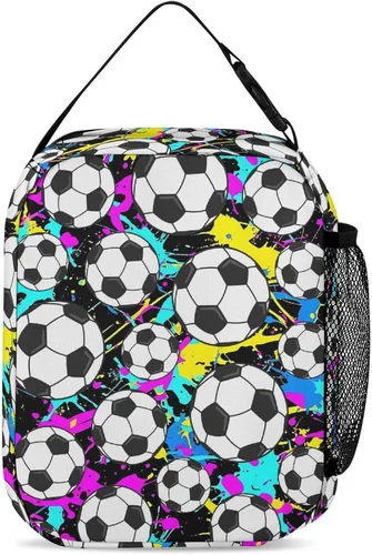 Vista 10 de Fiambrera de fútbol – Bolsa de almuerzo de fútbol reutilizable para mujeres, hombres y niños – Pequeña lonchera portátil plegable aislada