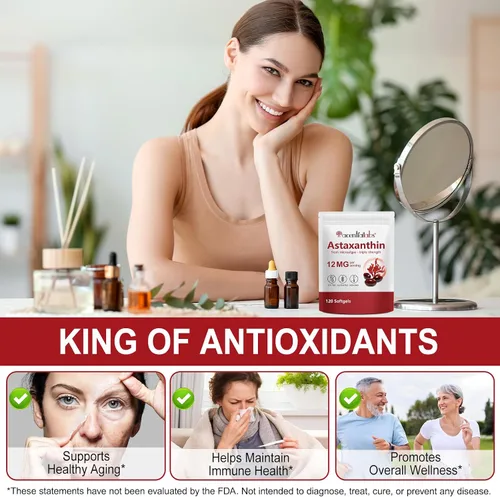 Vista 6 de Astaxantina 12 mg, Astaxantina 120 cápsulas blandas premium, extraídas naturalmente de Haematococcus pluvialis Suministro de 4 meses