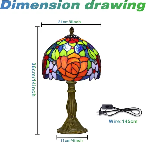 Vista 2 de Tiffany Style Lamp Rose Flower Lámpara de mesa de vidrieras rosa roja 8 x 8 x 14 pulgadas lámpara de escritorio de oficina en casa luces decorar