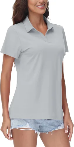 Vista 8 de TACVASEN Polo de manga corta con cuello en V para mujer, con protección solar UPF 50+, secado rápido, para golf