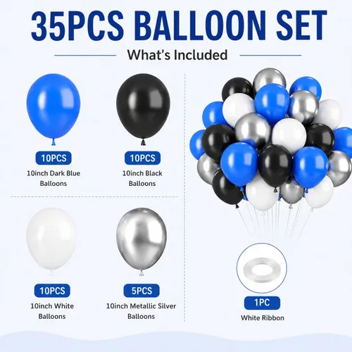 Vista 2 de Globos azules y negros, 35 unidades, globos de látex azul oscuro, negro y plateado con confeti plateado para cumpleaños, baby shower, bodas