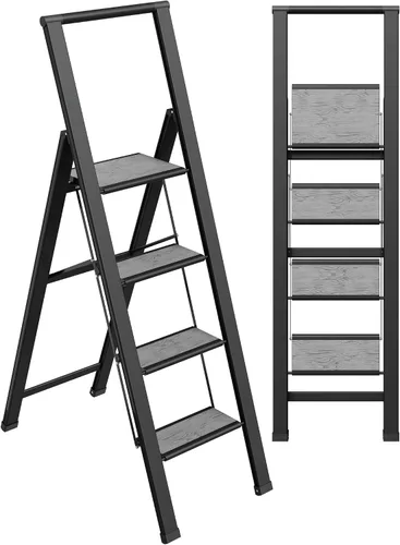 Vista 13 de Escalera de Peldaños de 1 Escalón Plegable, Decorativa - Hermosa Madera Gris y Aluminio Negro, Perfil Ultra Delgado, Peldaños Antideslizantes