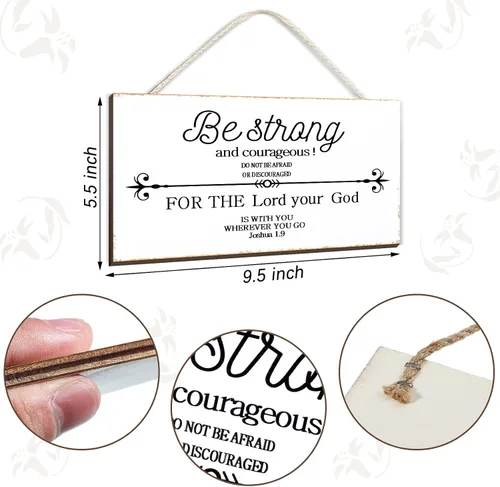 Vista 2 de Letrero con versículo bíblico para decoración de pared con versículo bíblico con texto en inglés "Be Strong and Courageous", de madera, 9.5 x 5.5