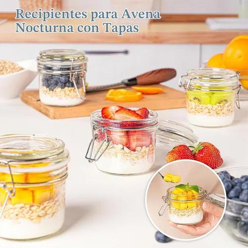 Vista 7 de Folinstall Tarros de vidrio de 7 onzas con tapas herméticas, 12 unidades, tarros pequeños con tapas con bisagras para almacenamiento de cocina