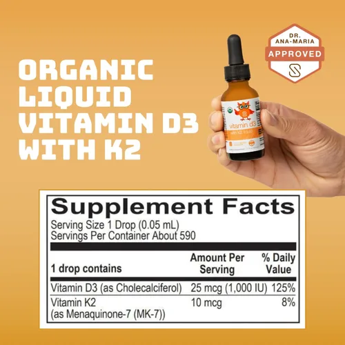 Vista 2 de Vitamina líquida orgánica D3 con K2 por la Dra. Ana Maria Temple Apoya huesos fuertes y salud inmunológica Certificado orgánico USDA Base