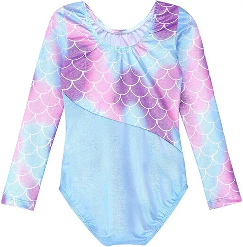 Vista 2 de Belovance Leotardos para niñas, gimnasia, ballet, baile, manga larga, brillante, sirena, mariposa, azul, rosa, Azul, verde