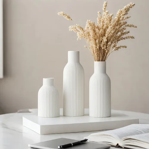 Vista 5 de Juego de 3 jarrones de cerámica modernos, jarrones decorativos acanalados blancos, centro de mesa para decoración del hogar, regalos de cumpleaños