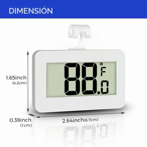 Vista 2 de Mini termómetro para nevera, paquete de 2 termómetros digitales para congelador, termómetro impermeable con gancho, pantalla LCD grande