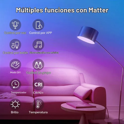 Vista 7 de OREiN Matter - Bombilla inteligente, bombillas A19 RGBTW que cambian de color, paquete de 2 Work with Alexa/Apple Home/Google