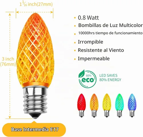 Vista 2 de Meconard Bombillas LED C9 de repuesto para Navidad, bombillas LED inastillables C9 para luces de Navidad para interiores y exteriores, base