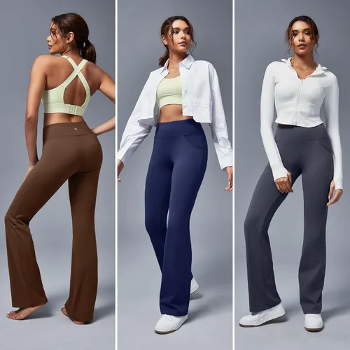 Vista 6 de Ewedoos Pantalones de yoga para mujer, de cintura alta, con 3 bolsillos, corte de bota, pantalones de yoga, pantalones de yoga elásticos