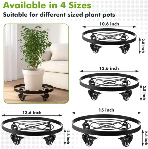 Vista 3 de Paquete de 3 posavasos de metal para plantas de 10.6 pulgadas, con ruedas, soporte rodante resistente para plantas con ruedas para interiores y Negro