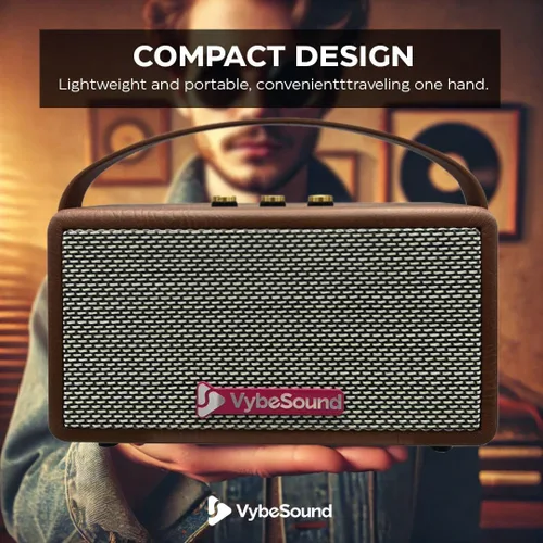 Vista 3 de RetroVybe - Mini altavoz Bluetooth portátil, sonido cristalino con graves profundos, batería de 8 horas de duración, micrófono integrado