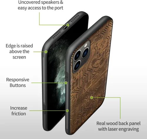 Vista 7 de Carveit Funda de madera para iPhone 11 Pro Max [madera natural y TPU suave negro] a prueba de golpes, protector de teléfono de madera único