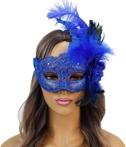 Vista 13 de Máscara de plumas burlesque, máscara de encaje de Mardi Gras para mujer, disfraz de plumas de pavo real, máscara de brocado veneciano