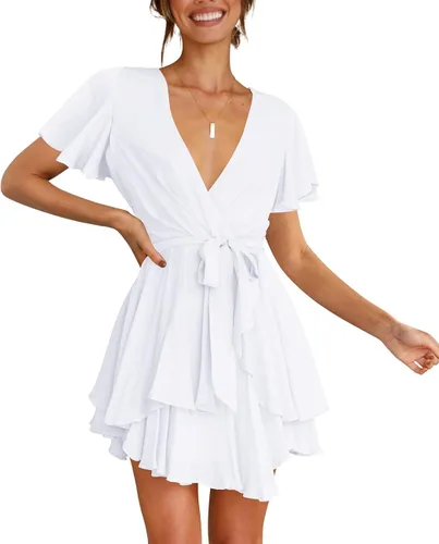 Vista 5 de Cosonsen Vestido corto de mujer con cuello en V profundo, manga larga, cintura con volados, vestido skater