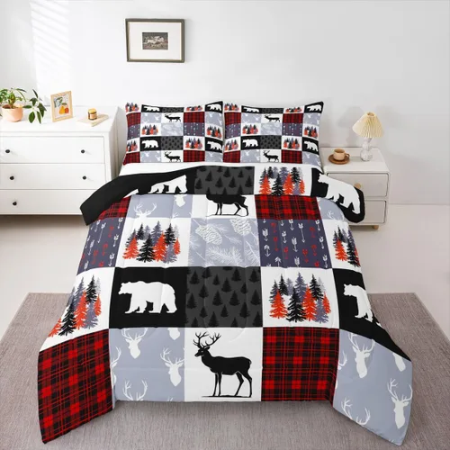 Vista 26 de Juego de edredón de cabaña rústica navideña, juego de ropa de cama estilo rústico con diseño de osos y ciervos, tamaño completo, patchwork Multi 08