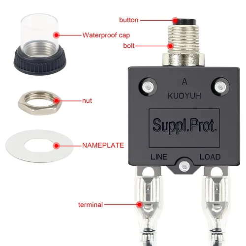 Vista 2 de Interruptor automático de 3 amperios con botón pulsador, comprobador de fusibles, reinicio manual de 32 V, protección de bajo voltaje con tapa