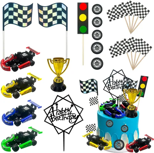 Vista 9 de MEMOVAN Decoración para tarta de camiones, decoración de tarta de camión para niños, coche de carreras para tarta de cumpleaños, decoración