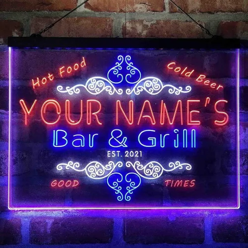 Vista 19 de Letrero de luz de neón LED tricolor personalizado para bar y parrilla, nombre personalizado, fecha, texto, cita, fuente blanco, azul y rojo, 17.7 x