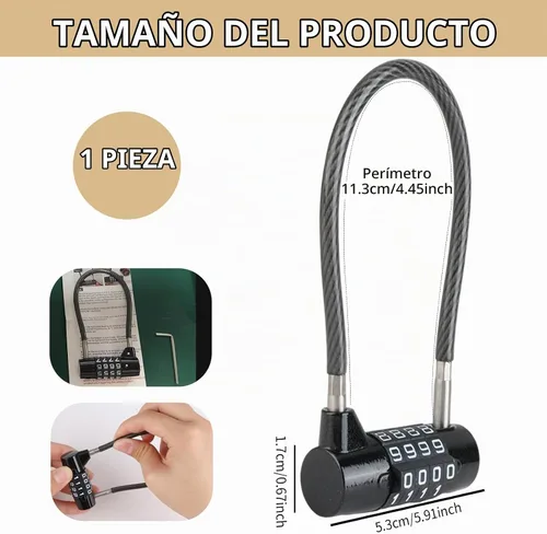 Vista 2 de Cerraduras de cable de 4 dígitos con combinación, bloqueo de cable de acero con código reajustable para muebles de patio, recortadoras de malezas