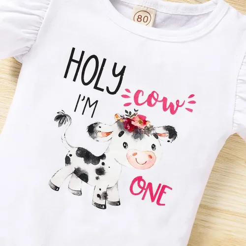 Vista 16 de Conjunto de ropa para bebé niña de 1er cumpleaños con mangas con volantes + pantalones cortos estampados + diadema para tartas