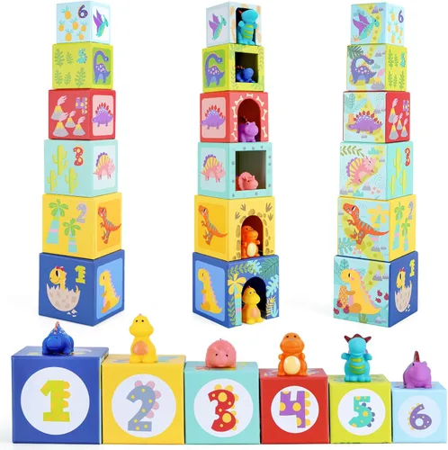 Vista 2 de KMTJT Juguetes de clasificación y apilamiento de dinosaurios para niños pequeños y bebés, bloques para niños de 1 a 3 años, juguetes Montessori